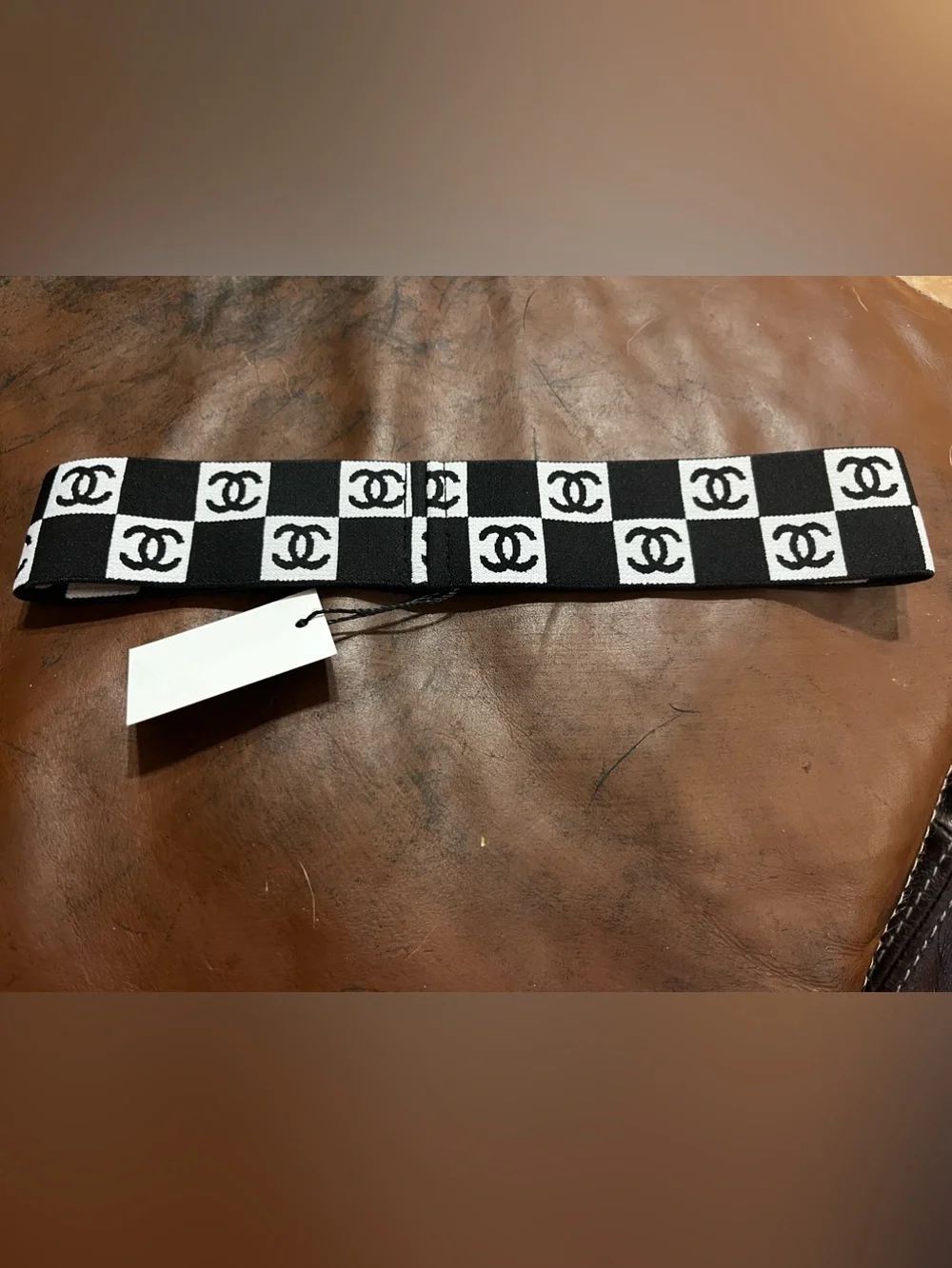 🖤 Double C Black White Checkered Letter Logo Stretch Headband